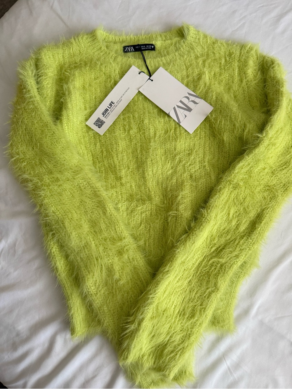 ZARA Neon Lime Fuzzy Crew Neck Sweater